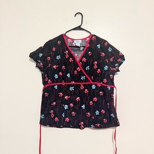 SB Scrubs | Floral Wrap Top - Black with Red and Blue Accents
